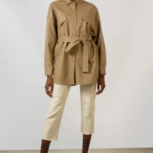 Home Beige vegan leather belted shirt jacket