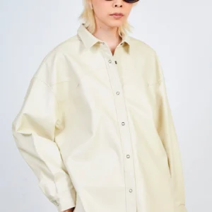 Ivory vegan leather oversized shirt jacket