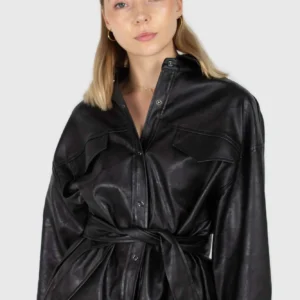 Home Black vegan leather belted shirt jacket